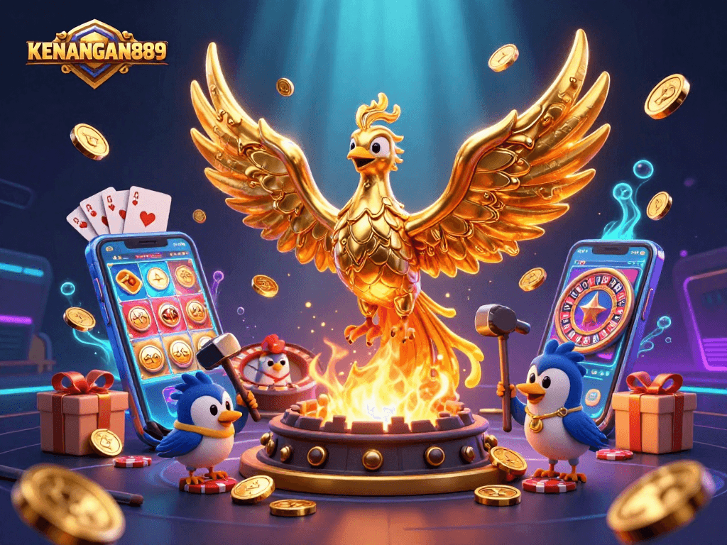 Experience KENANGAN889 with golden phoenix and vibrant casino elements in this dynamic 3D illustration.