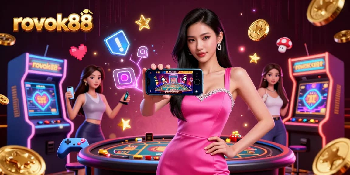Engage with rokok88's immersive casino experience featuring a confident woman and dynamic gaming elements.