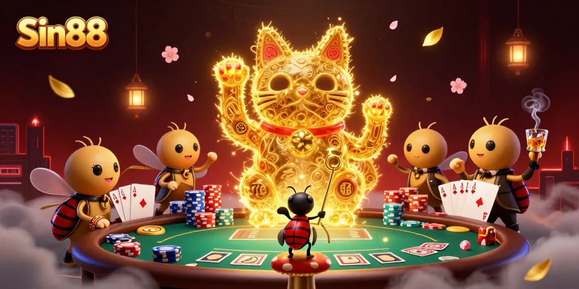 Join Sin88's vibrant gold and casino magic with a lucky cat and dynamic poker setup!