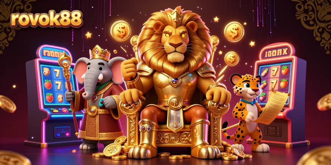 Experience excitement with rokok88's vibrant slot game scene featuring a lion king and energetic companions.