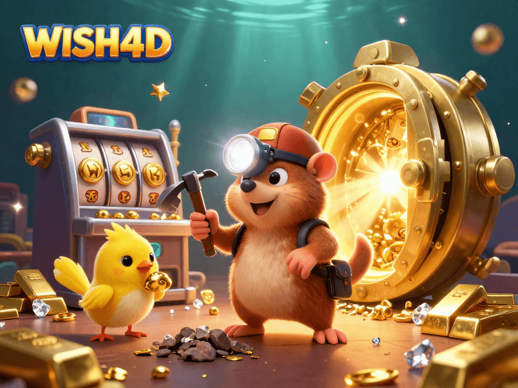 Join the treasure hunter mole at WISH4D as it mines for jackpots in a dazzling casino illustration.
