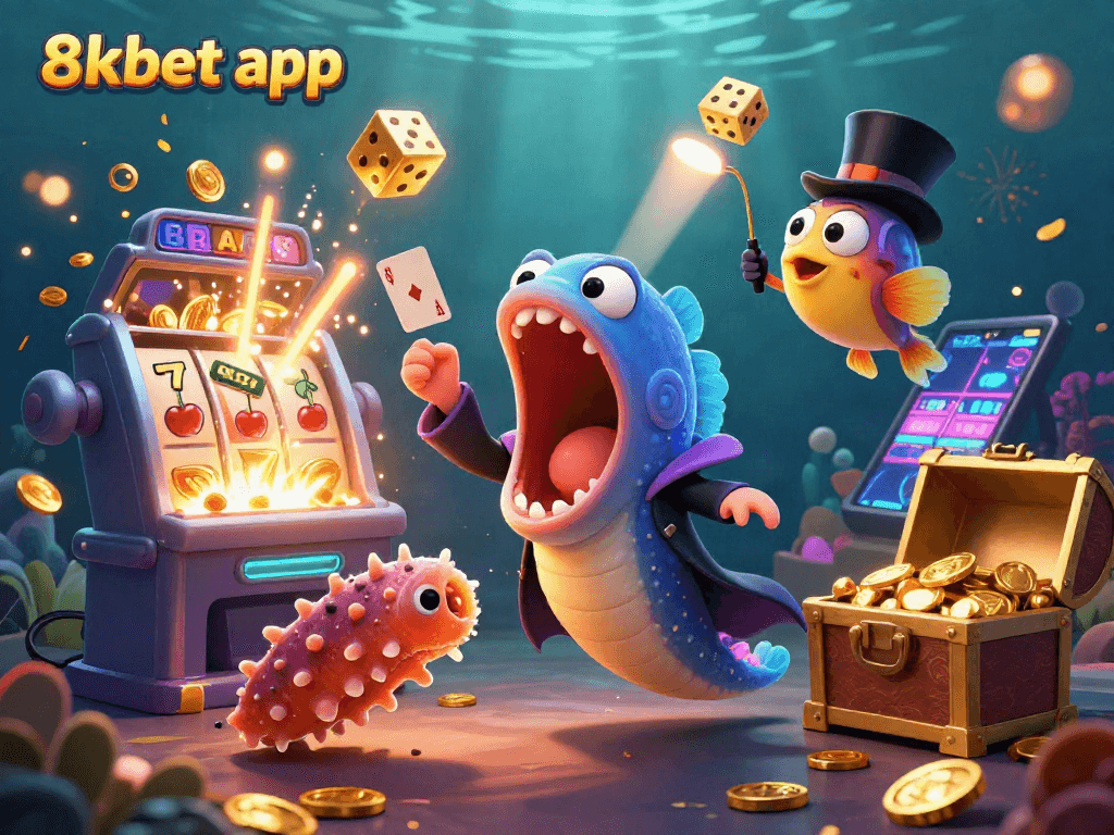 Engage with the 8xbet app through a dynamic underwater casino scene featuring animated characters.