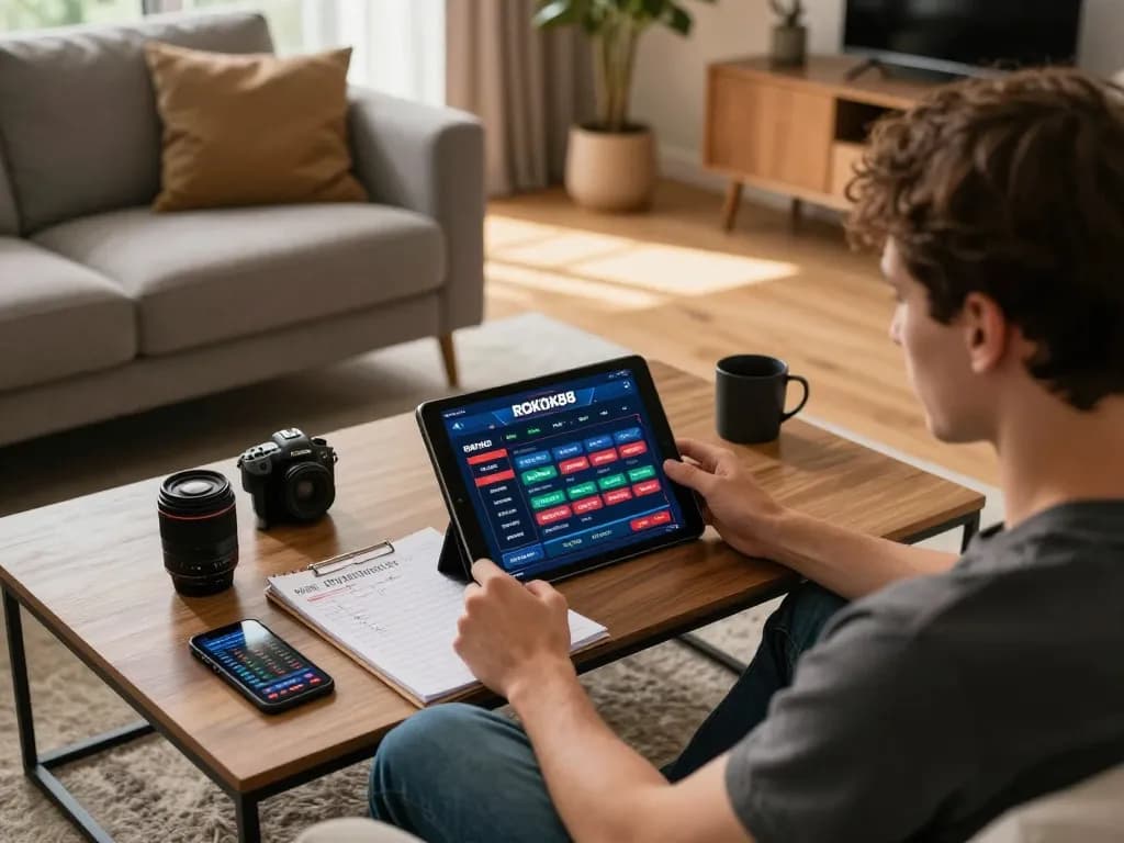 Engaging in ROKOK88 online gaming with strategy notes in a cozy living room.