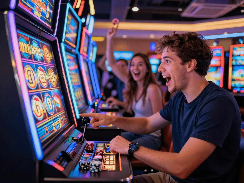Player celebrating a slot jackpot win in a vibrant casino environment