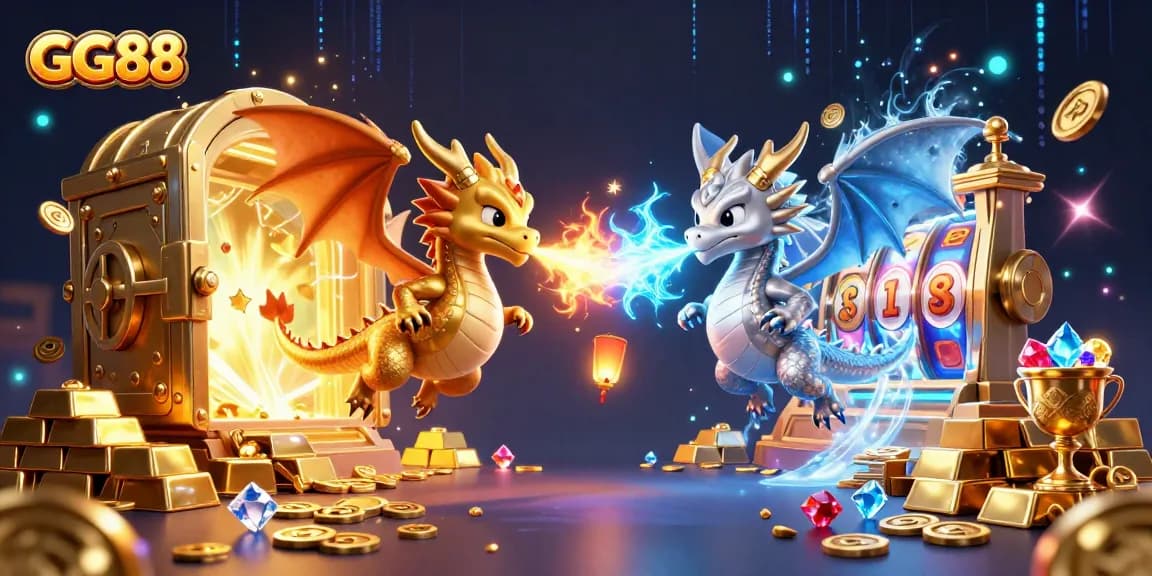 Engage with GG88 as twin dragons illustrate the thrill of jackpot wins and gaming excitement.