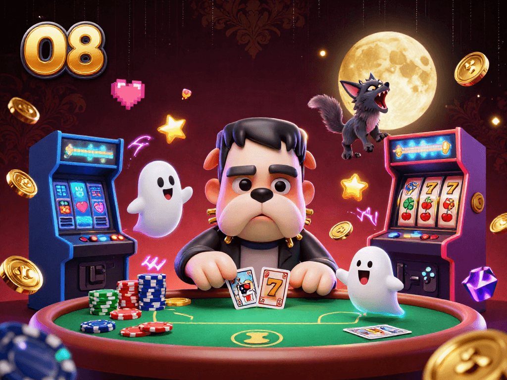 O8's engaging casino scene with a Frankenstein bulldog and ghost mouse at a poker table.