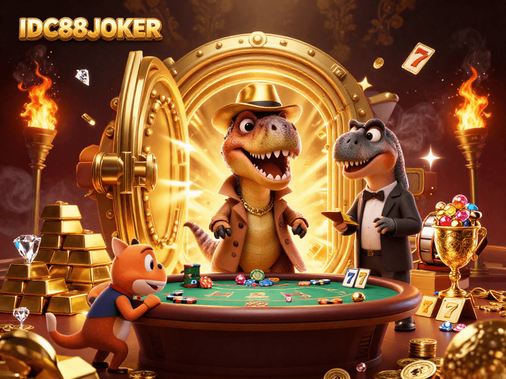 Encounter the exciting action at IDC88JOKER, featuring a velociraptor card counter in a lively casino scene.