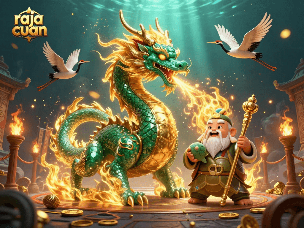 Experience raja cuan's thrilling moments with a dazzling jade dragon and dynamic gaming elements.