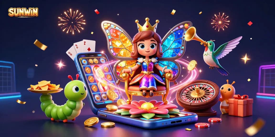 SUNWIN brand illustration depicting a vibrant casino theme with a butterfly queen and gaming elements.