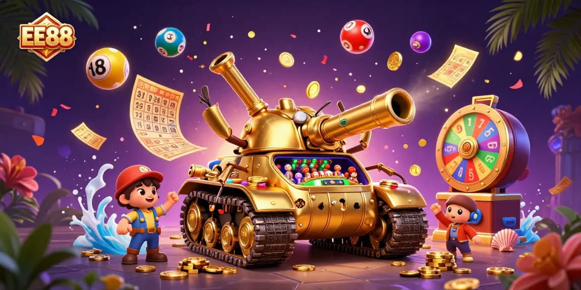 EE88 showcases vibrant lottery balls and characters in a dynamic casino scene full of excitement.