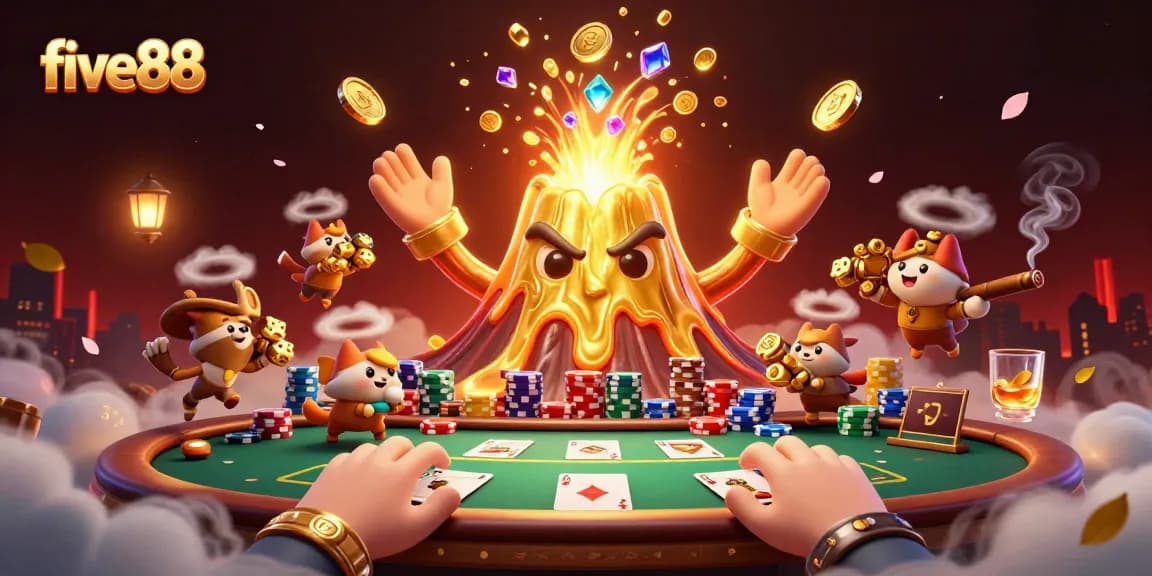Experience the thrilling adventure of five88 with a vibrant casino scene featuring a golden volcano.