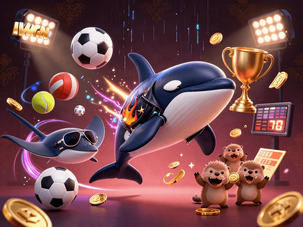 IWIN sports-themed illustration with an orca, stingray, and sea otters celebrating wins in dynamic 3D style.