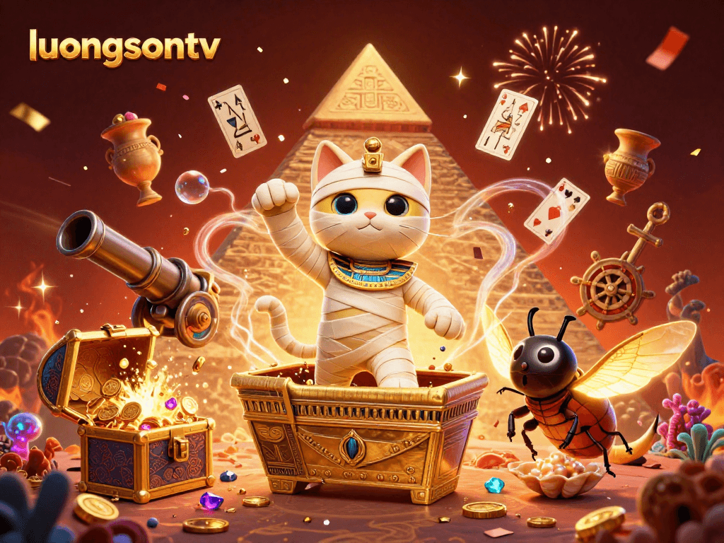 Experience thrilling gaming at luongsontv with dynamic Egyptian characters amidst a vibrant pyramid casino.