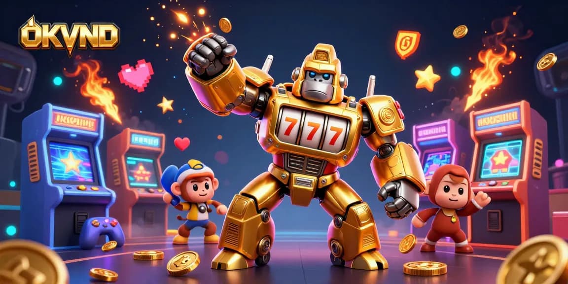 Experience the excitement of OKVND with a powerful golden gorilla mech amidst vibrant casino elements.