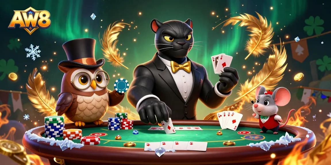 AW8 themed gambling scene with a cartoon panther, owl, and mouse enjoying poker action.