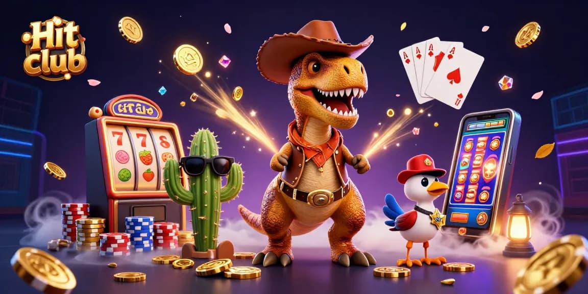 Spin the reels at Hit club with a vibrant 3D T-Rex cowboy surrounded by playful gaming elements.