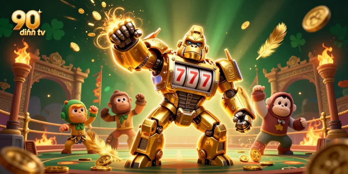 Experience thrilling sports betting action with 90 phút tv, featuring a lively 3D gorilla mech amidst dynamic gaming elements.