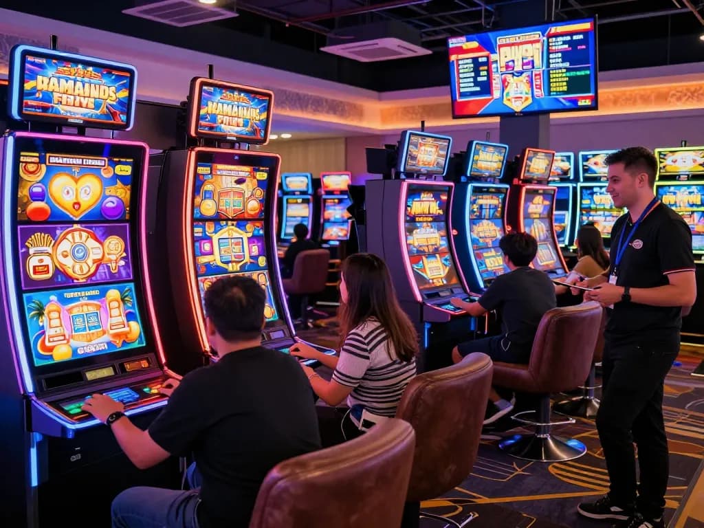Engaging scene at vegasslot77 online gaming platform with vibrant slot machines and excited players.