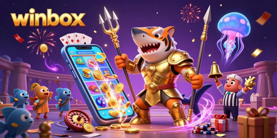 Winbox features a vibrant, dynamic 3D illustration of a gladiator shark in an underwater colosseum celebrating slots.