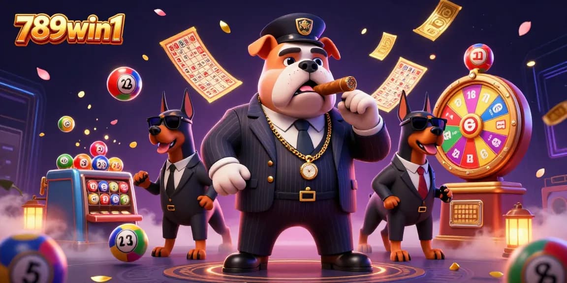 Engage in thrilling gameplay at 789win1, with a dynamic 3D casino illustration featuring a mafia boss bulldog and vibrant lottery elements.