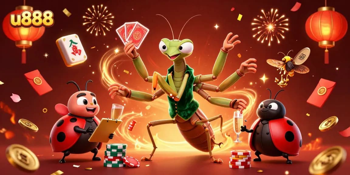 Engage with u888's dynamic gaming experience featuring vibrant characters and festive elements.