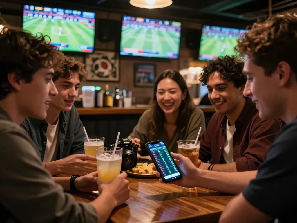 Friends enjoying sports betting with the tylekeonhacai88 app visible on a smartphone during live games.