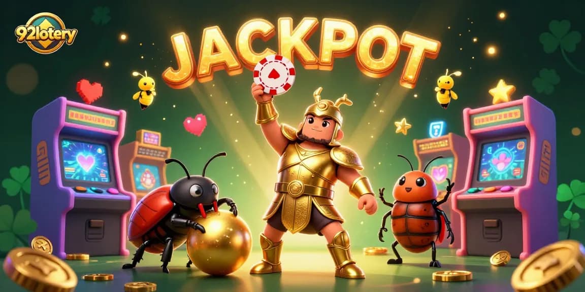 Engage with 92lottery as a heroic beetle lifts a poker chip amid vibrant gaming elements.