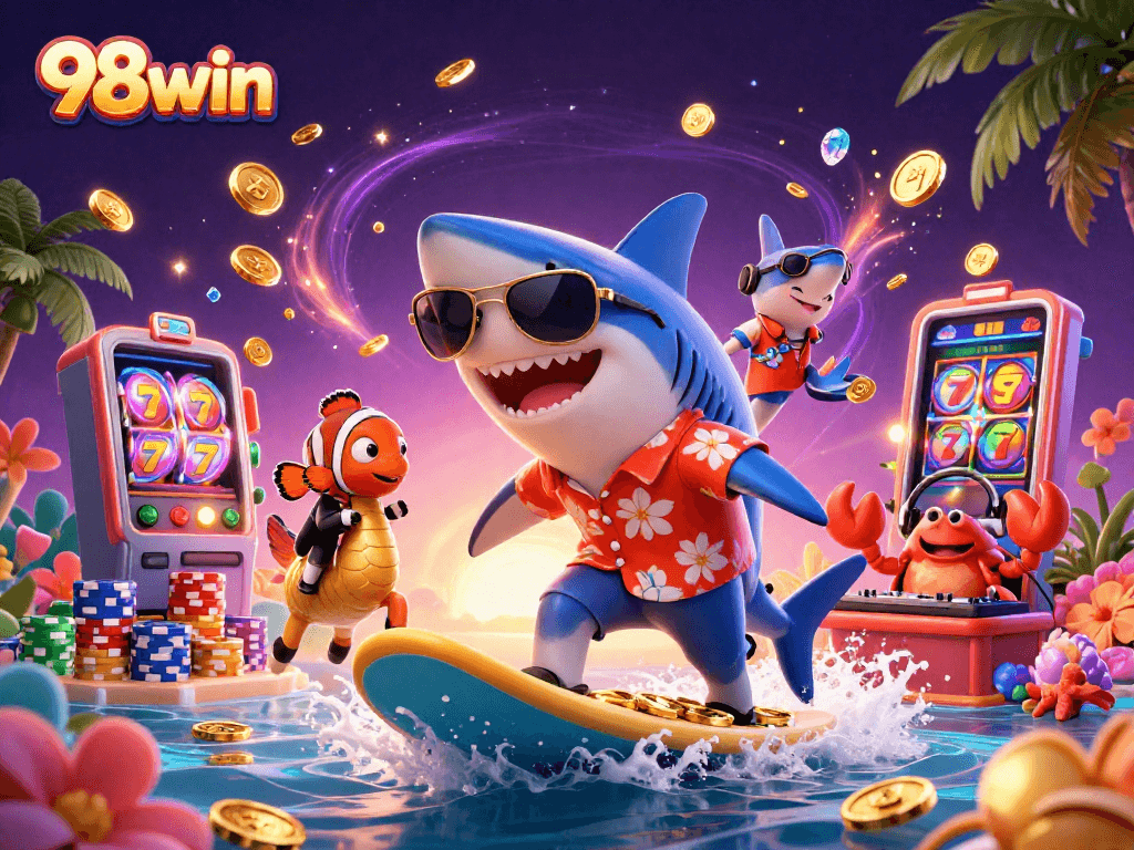 Experience thrilling gaming with 98win, featuring vibrant characters and exciting casino elements.