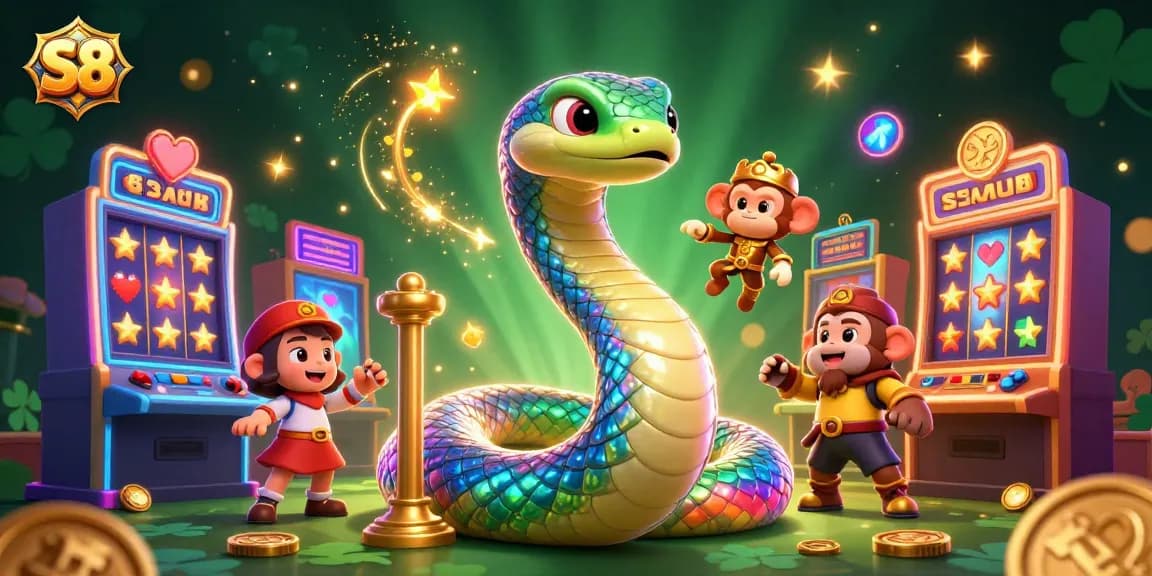 S8 players enjoy diverse slot games with colorful characters in a vibrant casino atmosphere
