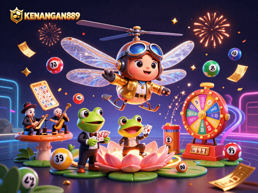 Engage with KENANGAN889's vibrant lottery scene featuring a dragonfly pilot and frog dealer.