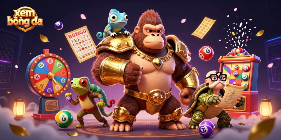 Xem bóng đá with a vibrant illustration of a gorilla king and lottery elements, showcasing lively gambling action.