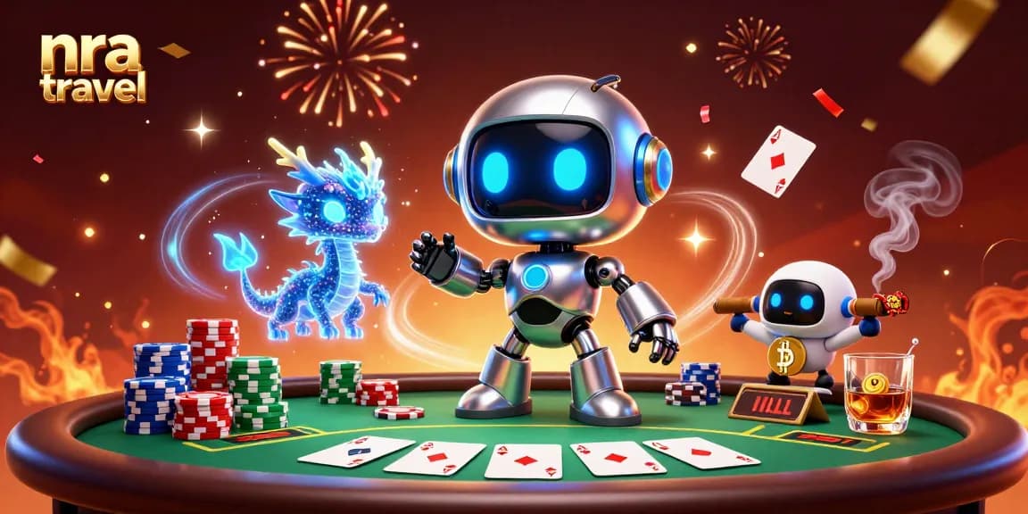 Engage with nra travel while enjoying a dynamic poker game scene featuring charismatic characters and vibrant casino elements.
