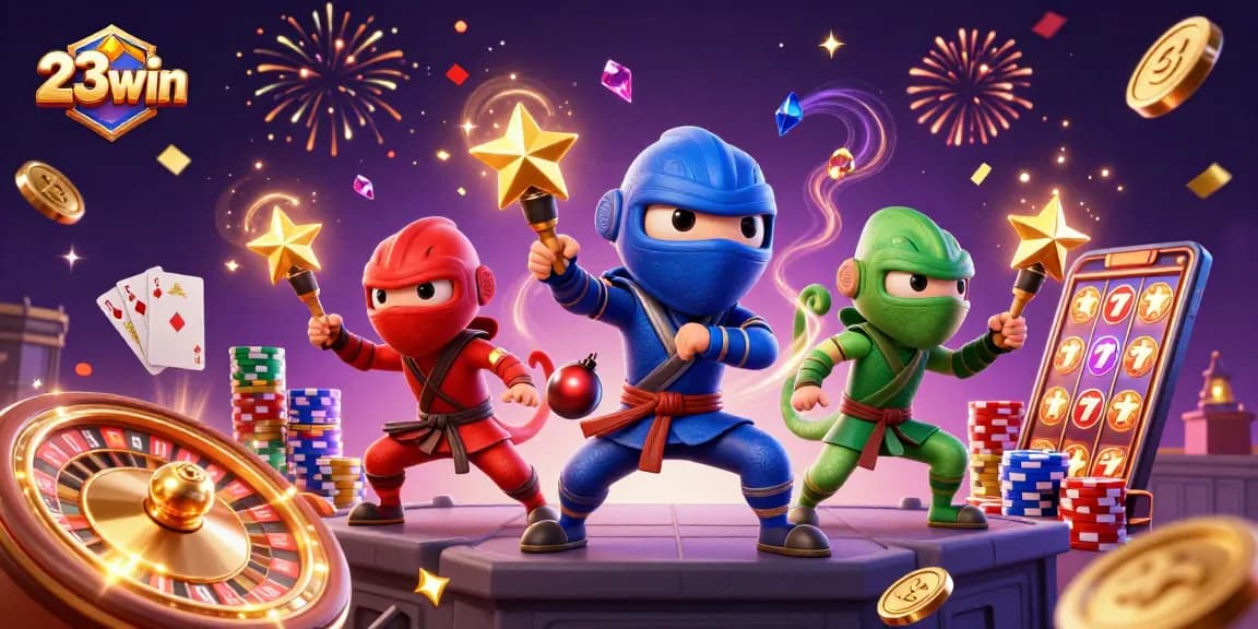 Experience thrilling action with 23win's colorful chameleon ninjas amid casino games and vibrant confetti.