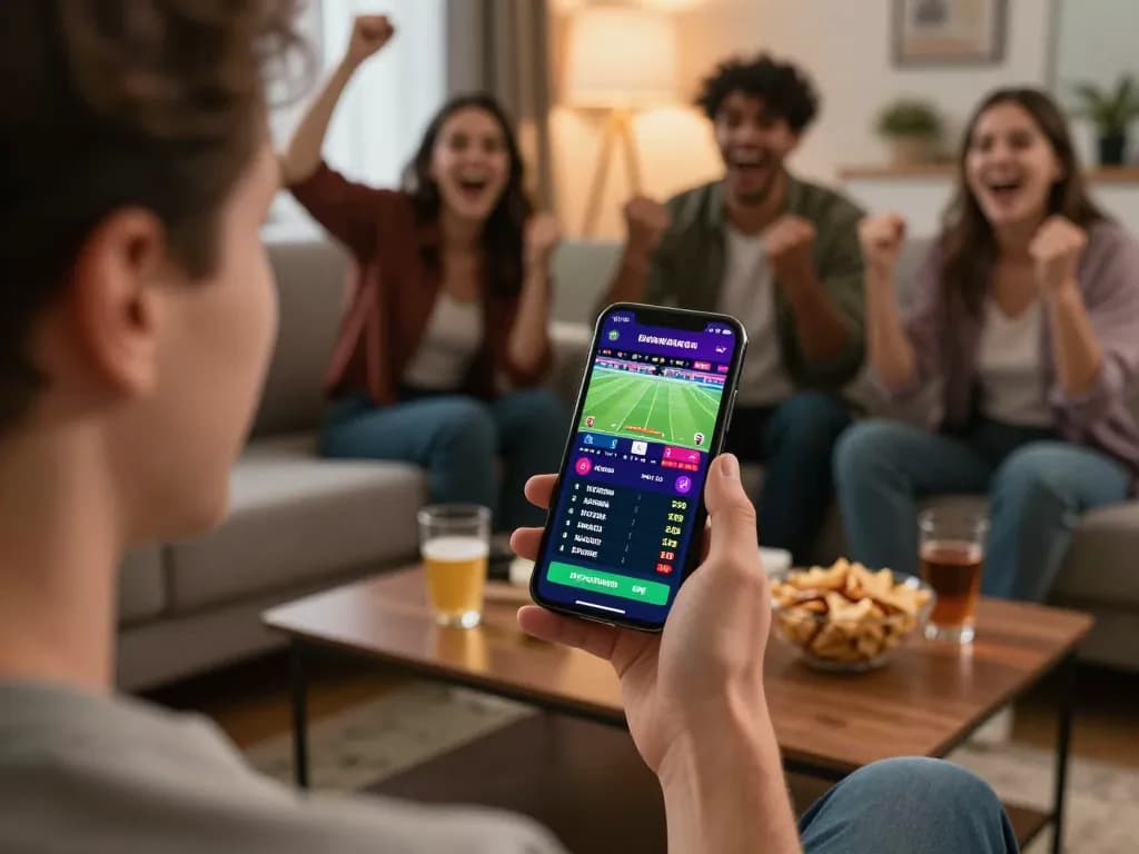 Giocatore che esplora l'app mobile del bookmaker non AAMS mentre gode di un evento sportivo dal vivo con amici