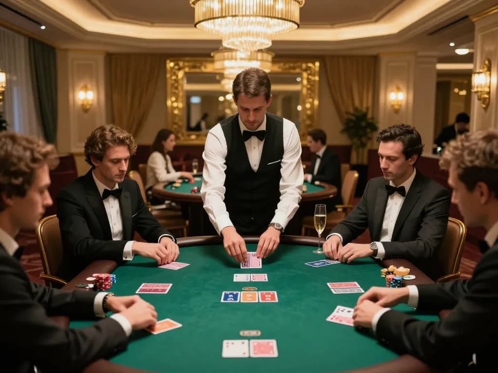 rokok88 Poker players strategizing their next move in an upscale casino setting.