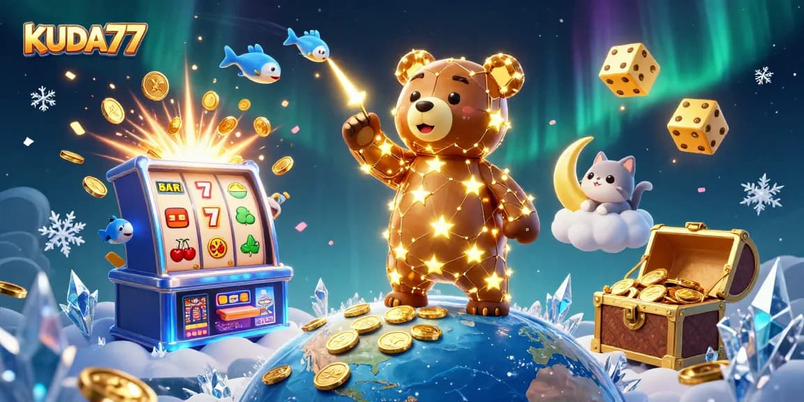 Permainan slot yang menarik di KUDA77, dengan mesin slot dan simbol jackpot yang memukau.