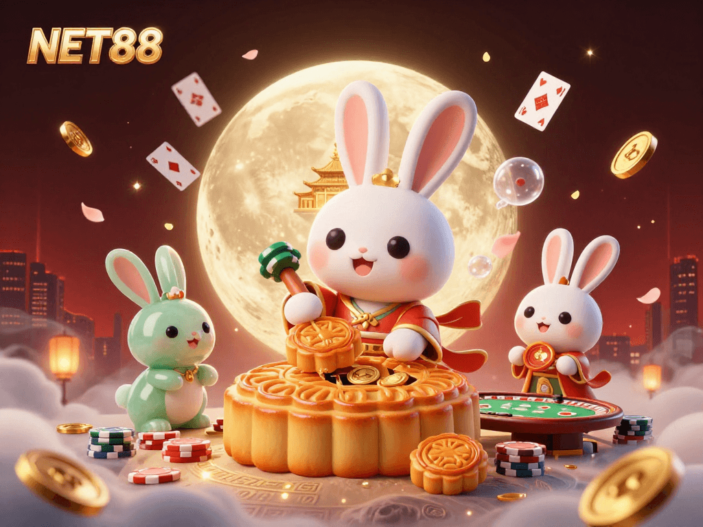 Experience thrilling gaming action with NET88 featuring a moon rabbit and poker elements immersed in vibrant 3D detail.