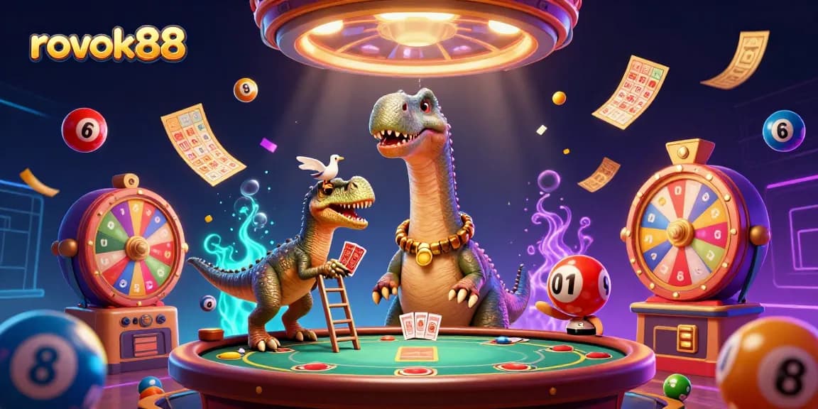 Experience exciting gaming with rokok88, featuring a dynamic 3D casino scene filled with games and characters.