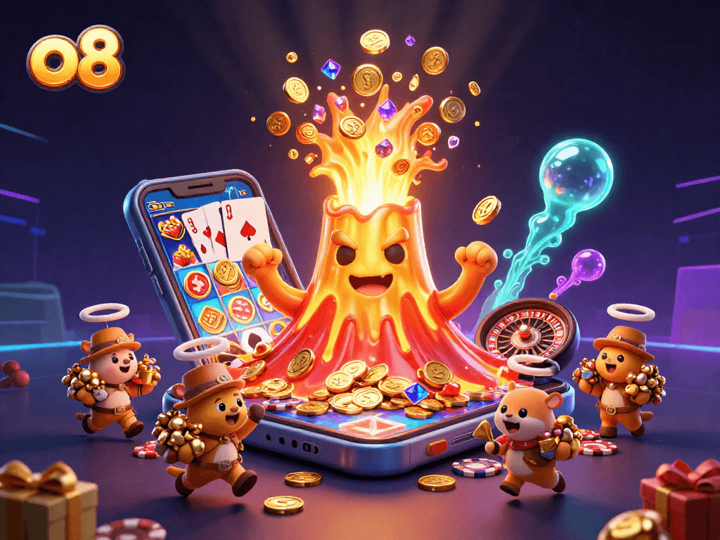 Spin the reels and win big with o8's colorful slots as treasure erupts from a golden volcano.