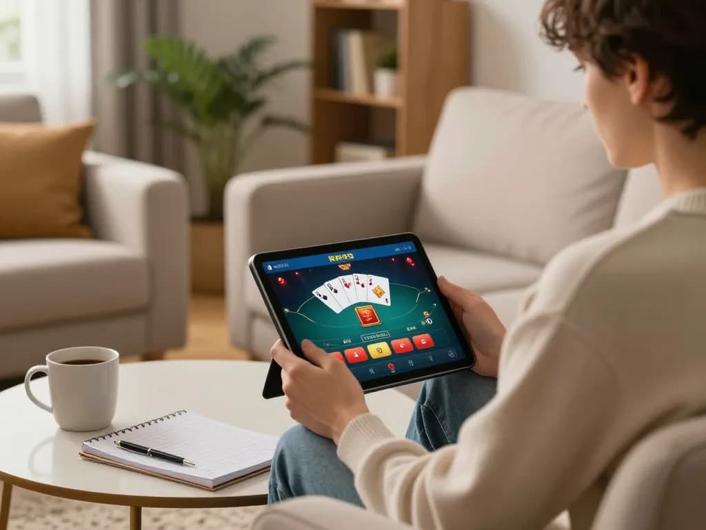 Engaging in responsible gaming on RR99 app with strategic notes during cozy home session.
