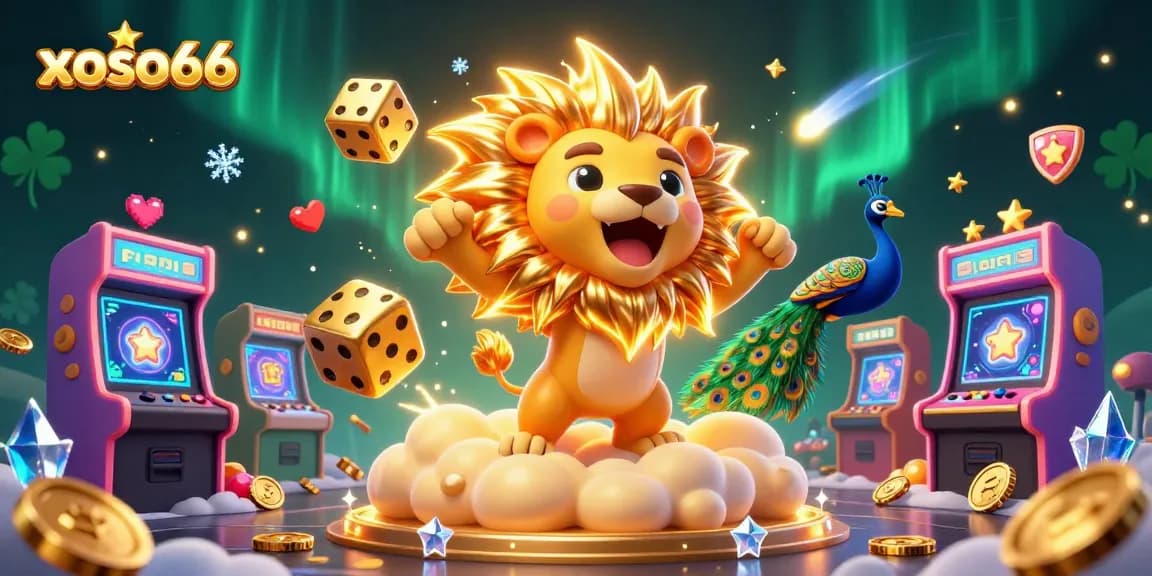 Experience the excitement of xoso66 with a vibrant 3D illustration showcasing a roaring sun lion alongside golden dice, capturing the thrill of gaming.