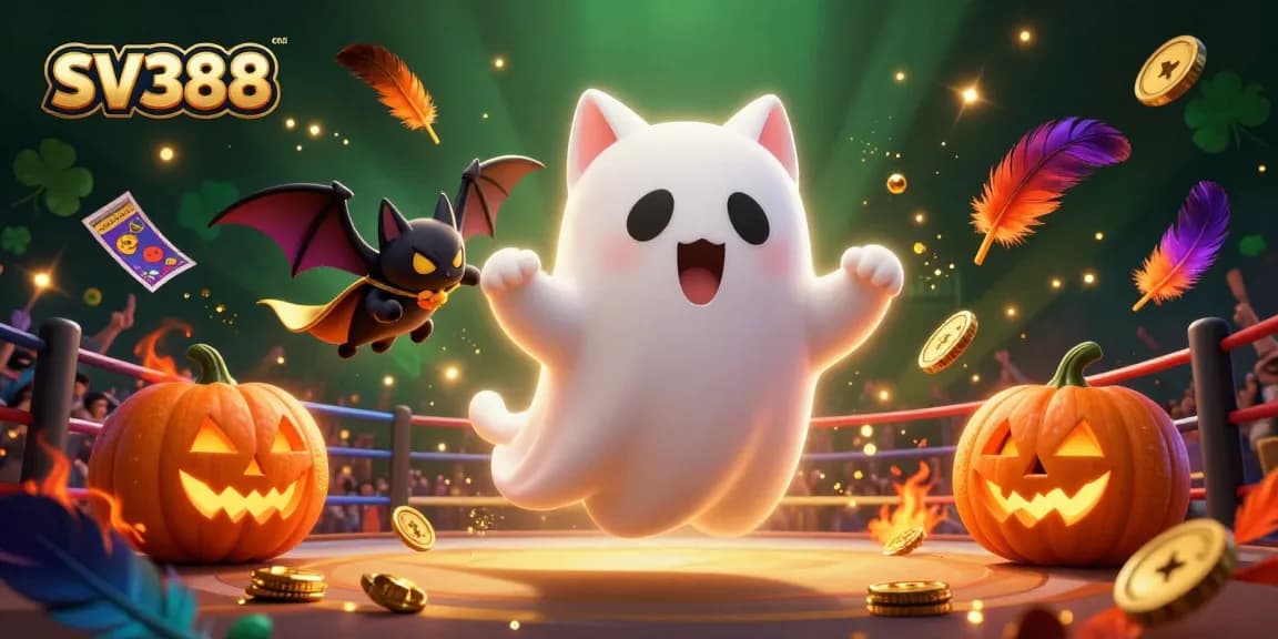 Engage in thrilling cockfighting with SV388's lively arena scene featuring ghostly characters and betting elements.