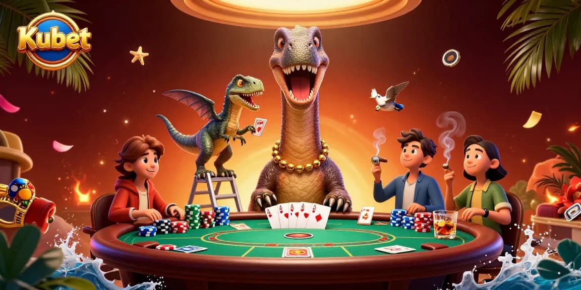 Kubet brings excitement to poker with a giant brontosaurus peering over a casino table, creating a fun atmosphere.