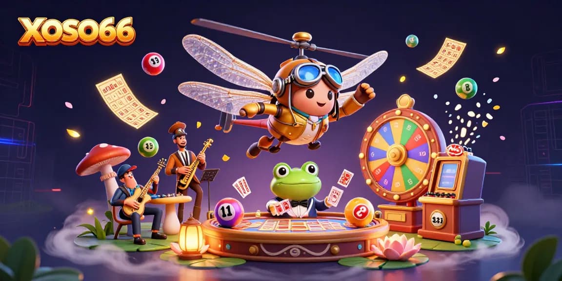 XOSO66 brings excitement with a dragonfly pilot at a lily pad casino featuring vibrant lottery elements.