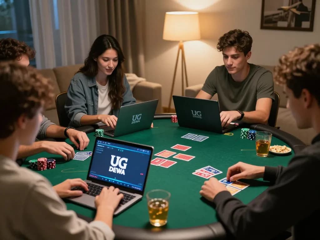 Friends playing poker online with UG DEWA logo, showcasing intense gameplay and camaraderie at home