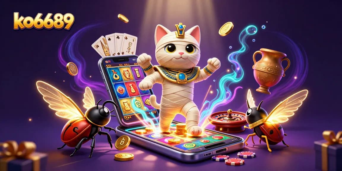 Join the excitement at ko6689 with a vibrant casino scene featuring a mummy cat and glowing scarab.