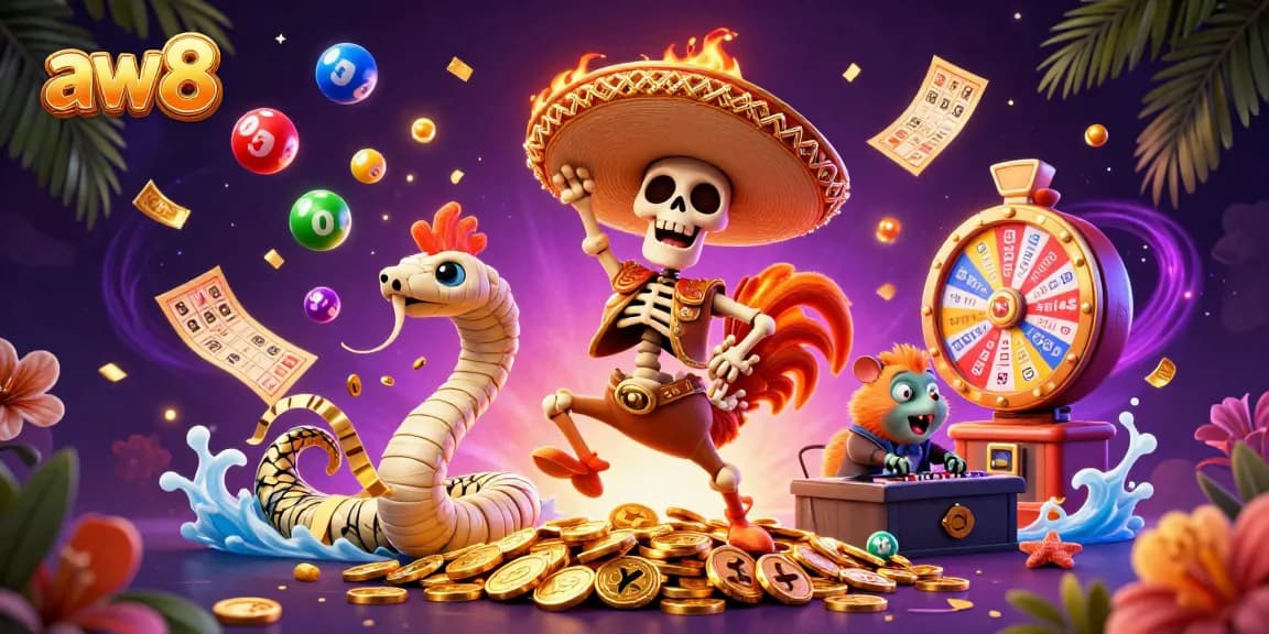 Celebrate wins at aw8 with a lively scene featuring a dancing skeleton and casino games