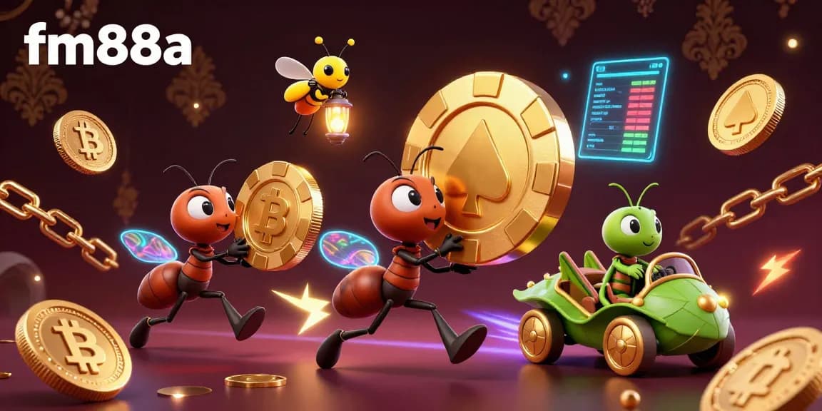 Engage with fm88a as playful ants transport a giant poker chip, igniting excitement in this vibrant gambling scene.