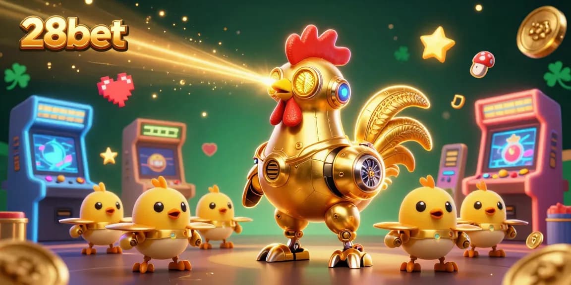 Experience thrilling games with 28bet's golden rooster and baby chick drones in a vibrant casino scene.