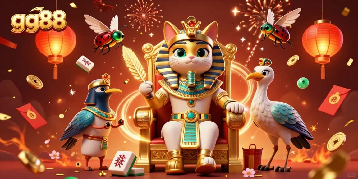 Engage with the lively gg88 gaming scene featuring an Egyptian pharaoh cat and vibrant casino elements.